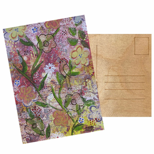 'briefkaarten' van hout, voorzien van een mixed media schildering op linnen. De achterzijde is beschrijfbaar.
