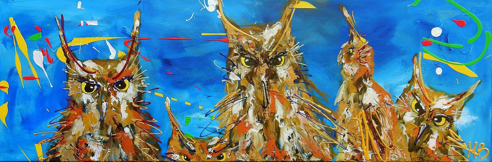 Langwerpig kleurrijk uilenschilderij