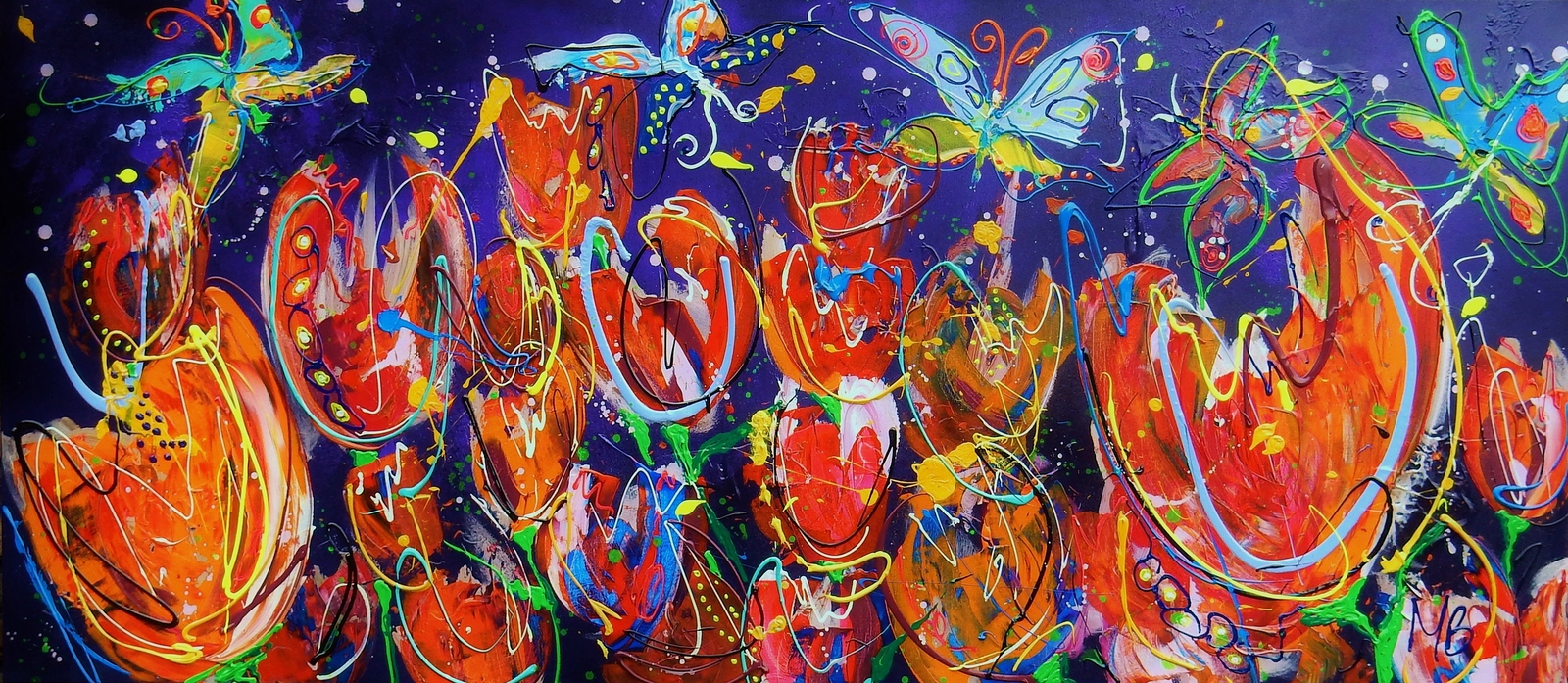 Groot horizontaal bloemenschilderij