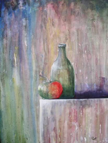 stilleven met fles en appel