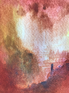 met waterverf op papier waarbij het licht en transparantie voor speelse effecten zorgen . In blank houten lijst achter glas.