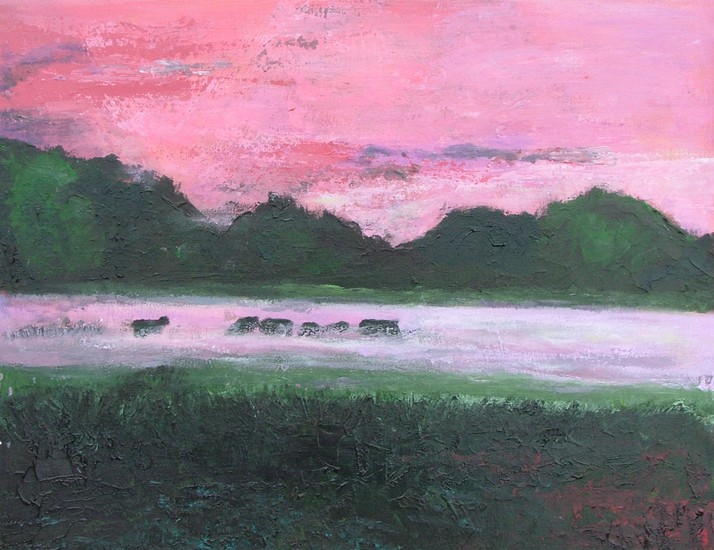 Koeien in de nevel (Zonsondergang)