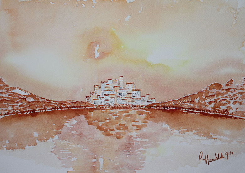 At the bottom of the hills.