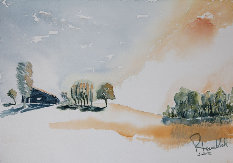 Evening falls over the cottage.