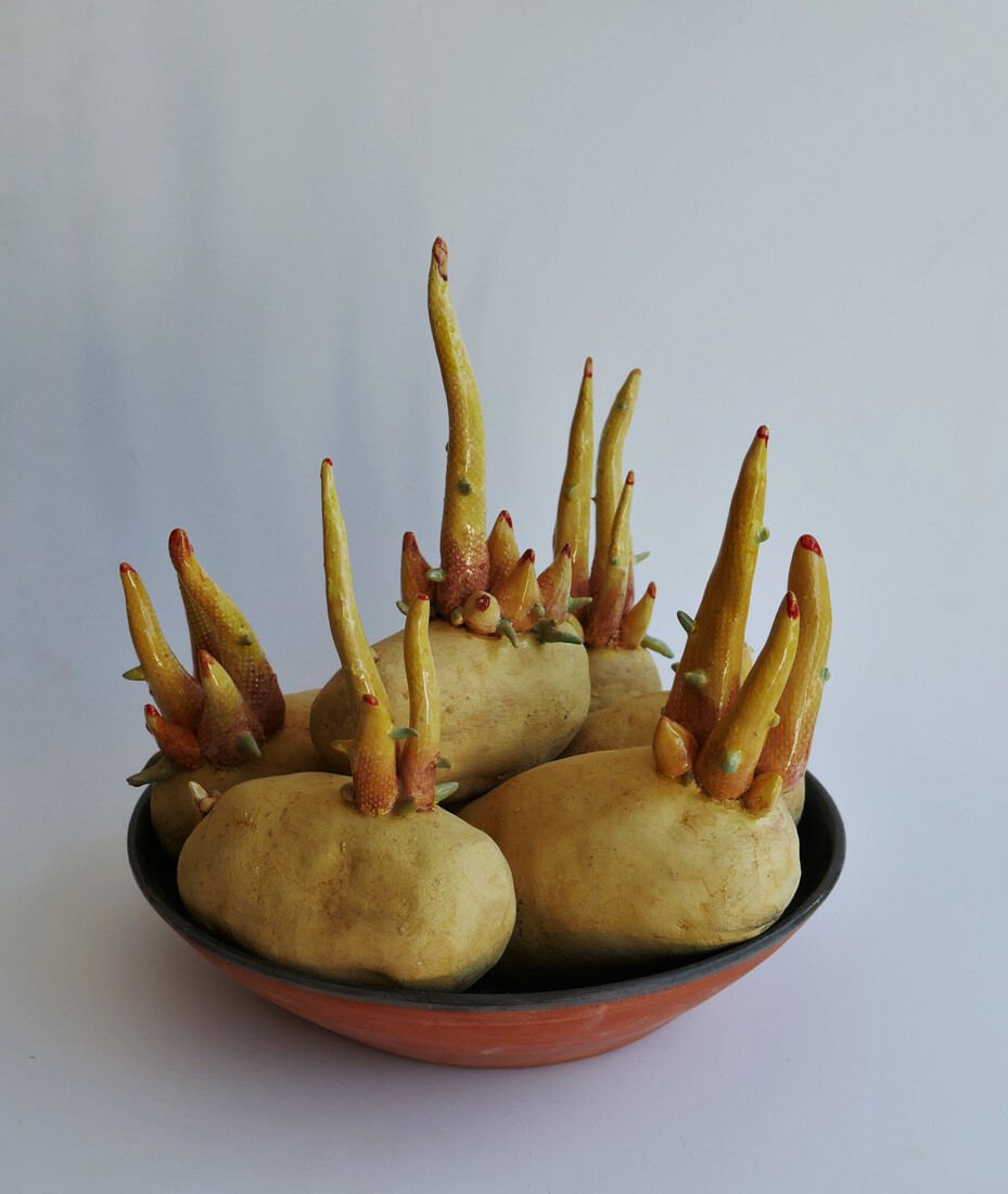 schaal met spruitende aardappel