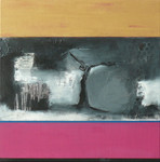 Vijf schilderijen van 40 x 40 cm waarin het lyrisch abstracte werk in het midden wordt ondersteund door grafische balken in verschillende tinten