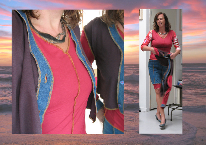 combinatie in rood paars en jeans