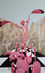 Flamingovrouwen tegen diverse decors