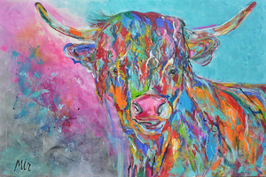 Schotse hooglanders kleurrijk geschilderd  en geportretteerd in een combinatie van abstract figuratief .Een prachtige langharige koe  uit Schotland afkomstig met veel  vacht van lange haren dat golvend .Hedendaagse schilderkunst 
