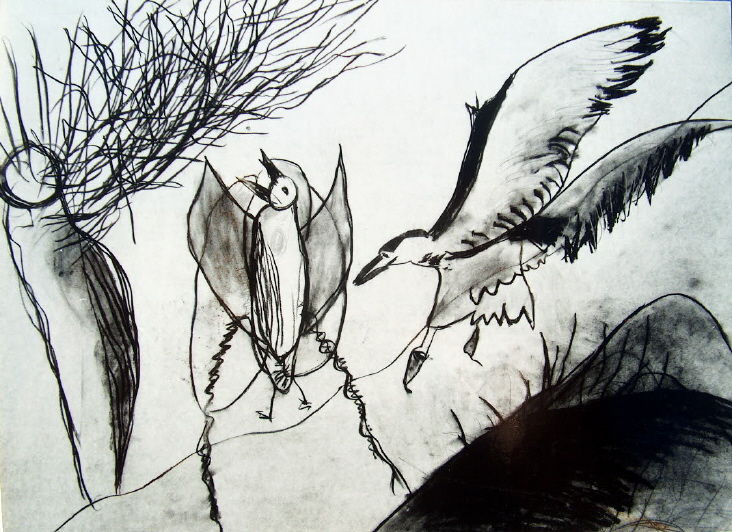 Vogels in landschap.