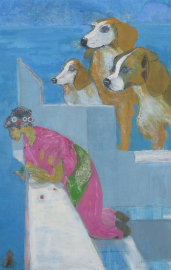 3 Dogs  women staring over a ship 