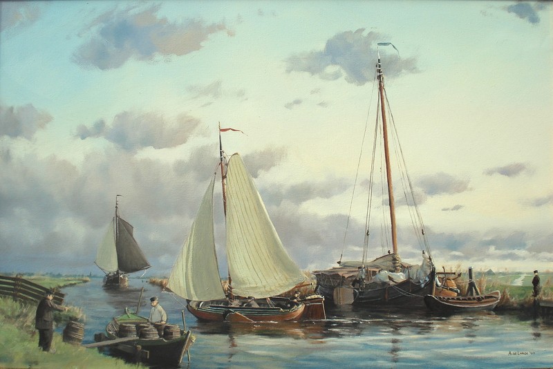 Een Tjotter en een Turftjalk op een Friese ringvaart