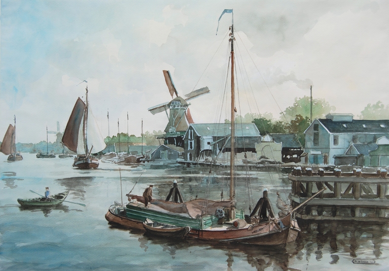 Scheepvaart op de Zaan met molen De Jonker