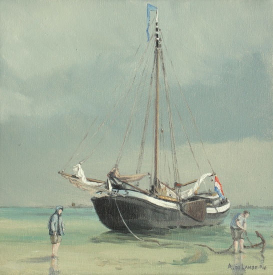 Droogvallen op het Wad met opkomende bui