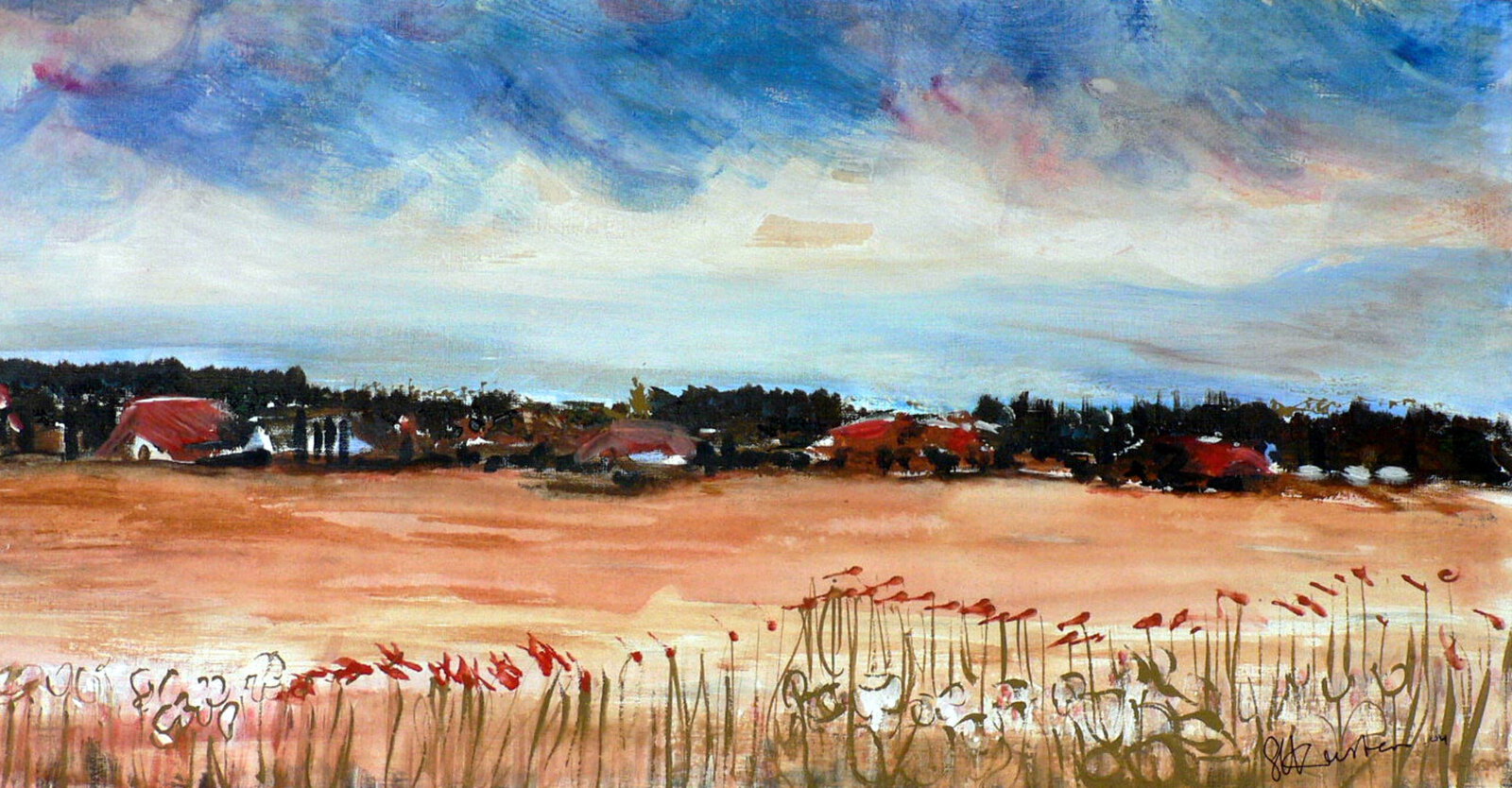 Landschapschilderij met rode klaprozen 