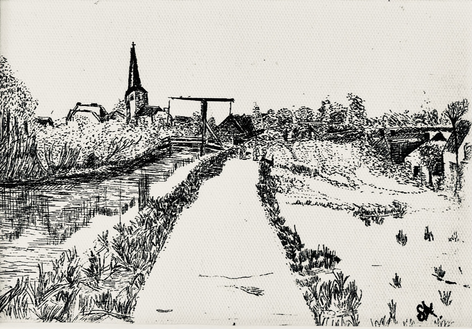 Print van etsje. . De dijk bij Nieuwerkerk a de Ijssel