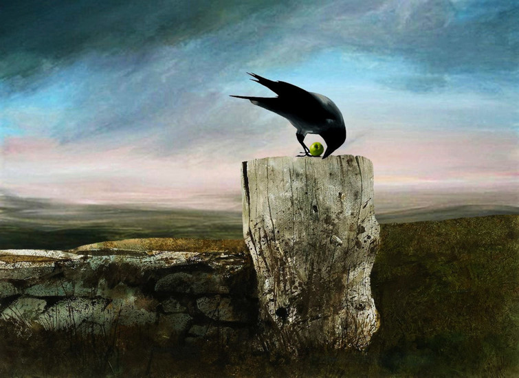 The birds with apple on landscape #51