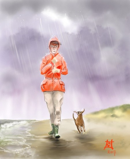 strandwandeling in de regen