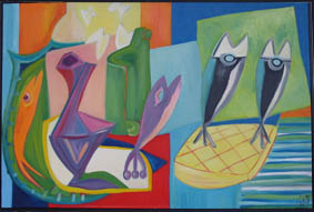 Stilleven met vaas en vissen