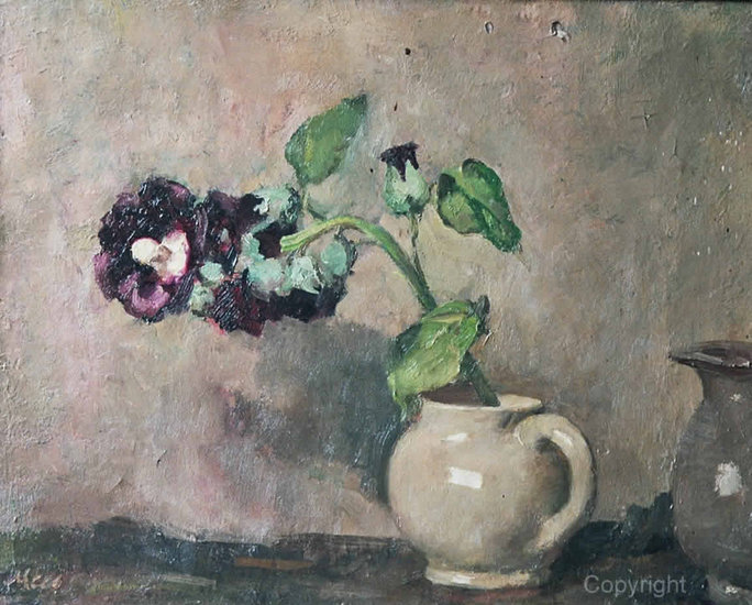Purple hollyhock in a white jug