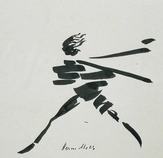 Figure striding, with flowing hair and clothes