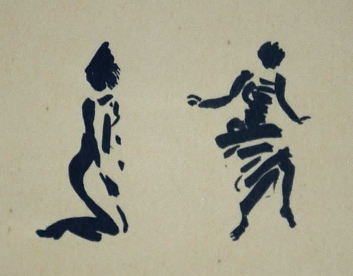 Two figures, one kneeling,one dancing