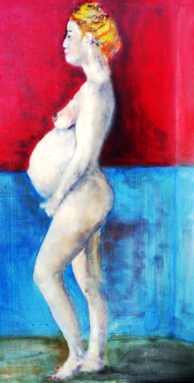 Zwanger (olieverf scherts)