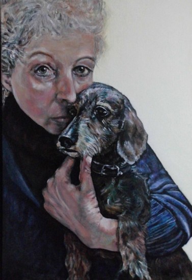 zelfportret met ruwharige teckeltje ( die kaninche dackel, wire haired dachshund)