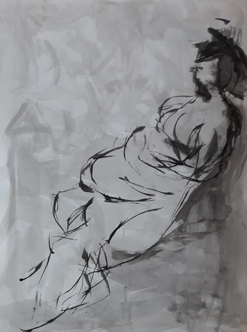 Naakt model getekend met saté stokje naar waarneming.