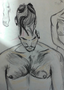 Tekeningen naar model. 3 houtskool tekeningen en 5 gewassen inkt met satéprikker gemaakt op pakpapier in lijst achter glas.