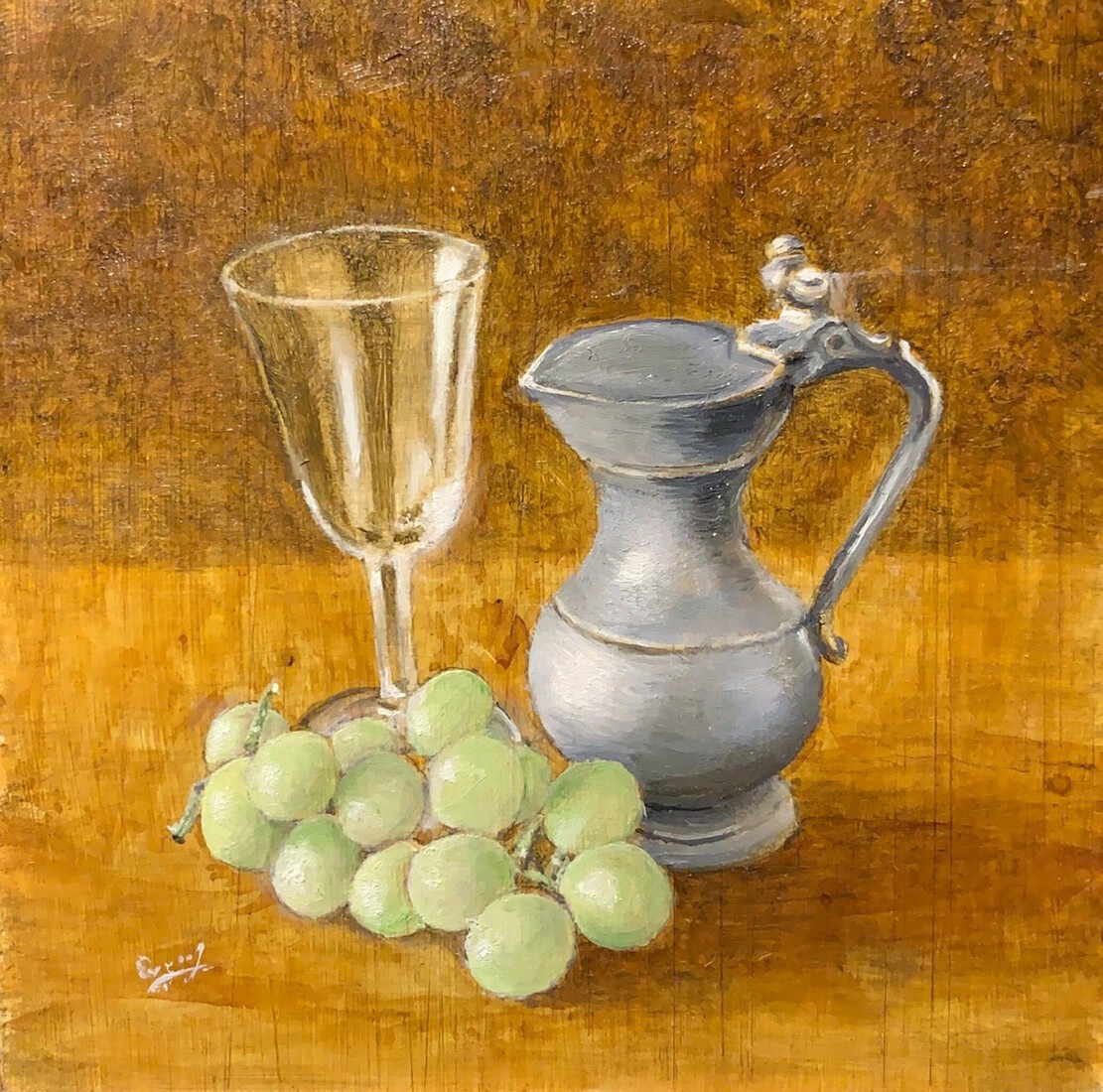 Stilleven met glas, kannetje en druiven