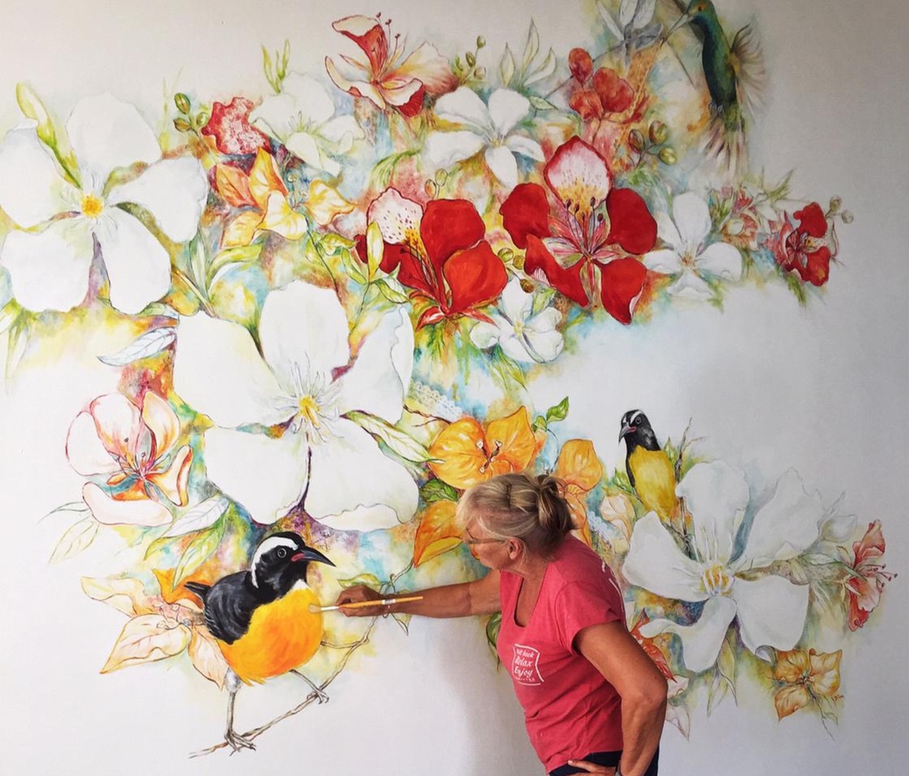 Mural birds and flowers