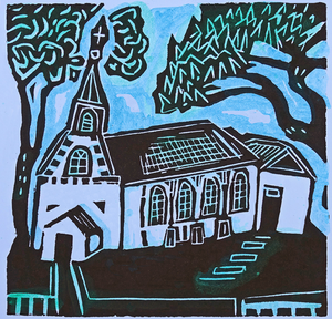 Na bijna 50 jaar zicht gehad  te hebben op Het Witte Kerkje, werd ik er – tot mijn eigen verbazing – er plots door getriggerd. Na de eerste verkennende schetsen, zoek je onderdelen die prettig zijn om te tekenen. Dat zijn de muurankers, de steunberen en hun schaduwen  in de late middagzon. De zigzag-aanbouw van de consistorie en het ritme van de ruitjes in de ramen horen net als het stalraampje bij de ingang ook daarbij. Meerdere aanzichten geven gecombineerd een rijke weergave.  
