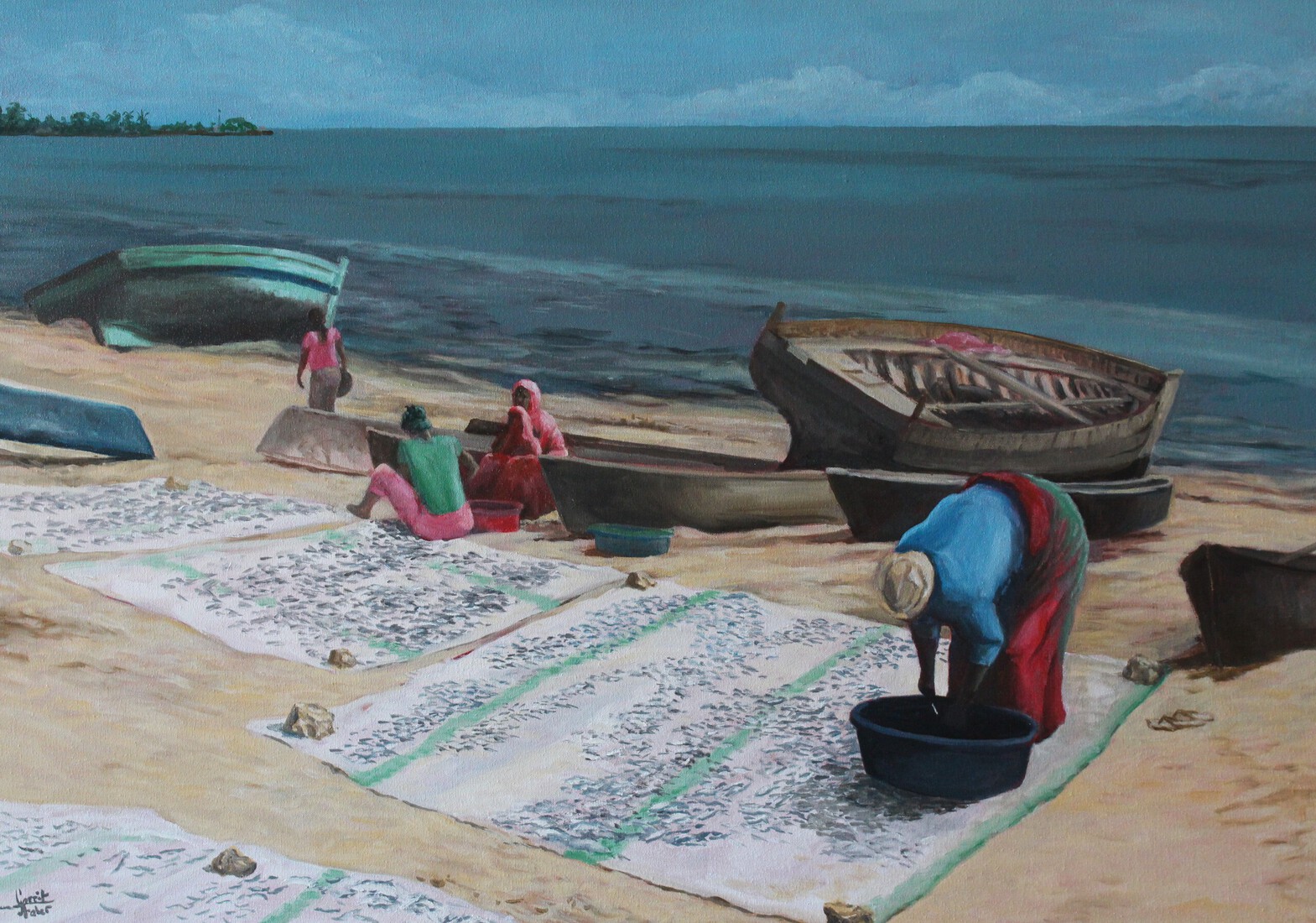 Werkende vrouwen op het strand