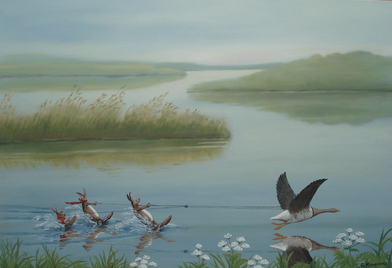 acryl landschap met watersporters