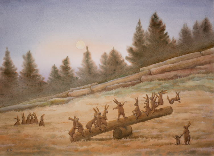 Aquarel konijntjes op de wip.