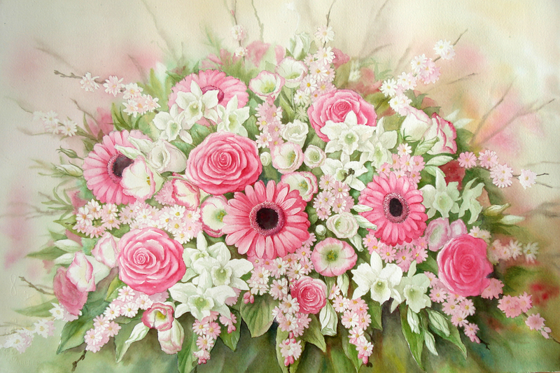 Aquarel overdadig gevuld boeket