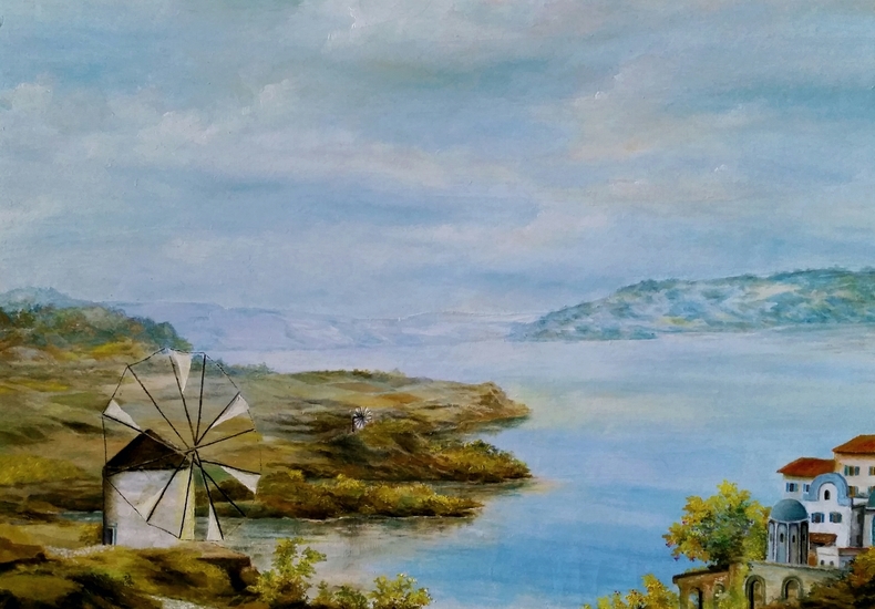 Schilderij van een Griekse windmolen in een landschap