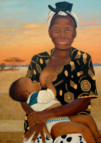 Afrikaanse moeder uit Gambia met kind (Verkocht).