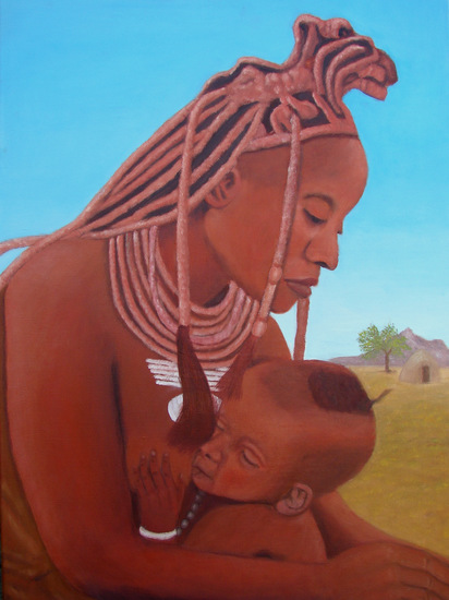 Afrikaanse moeder met kind van de Himba stam uit Namibië. (Verkocht).