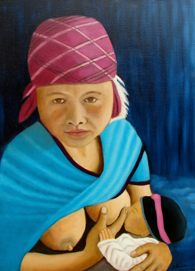 Aziatische moeder van de Akha stam met baby.