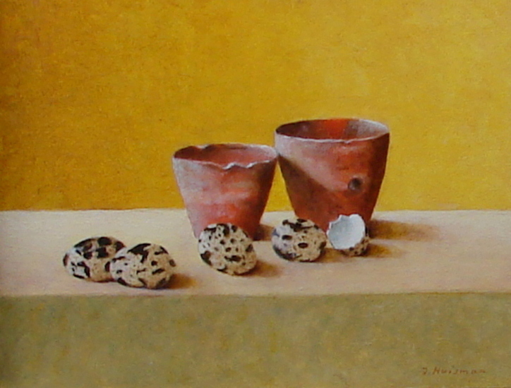 Kwarteleitjes met twee oude bloempotjes