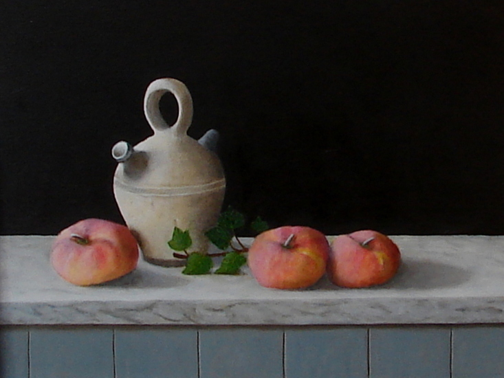 Bosperziken met oud kannetje (Verkocht).