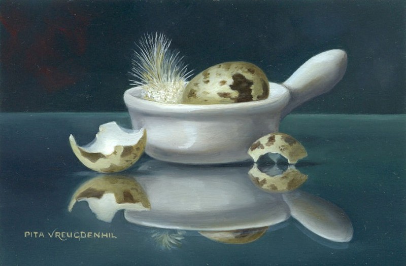 Stilleven met kwarteleitjes in bakje