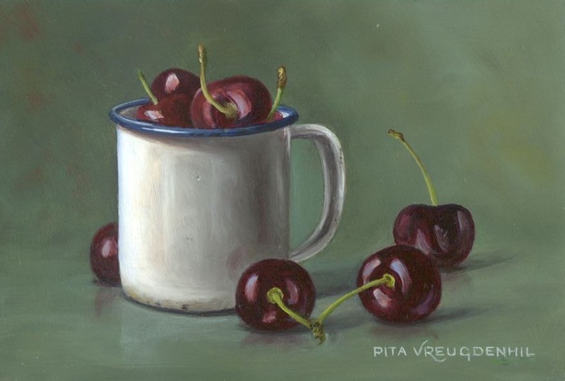 Stilleven met kersen in kroesje