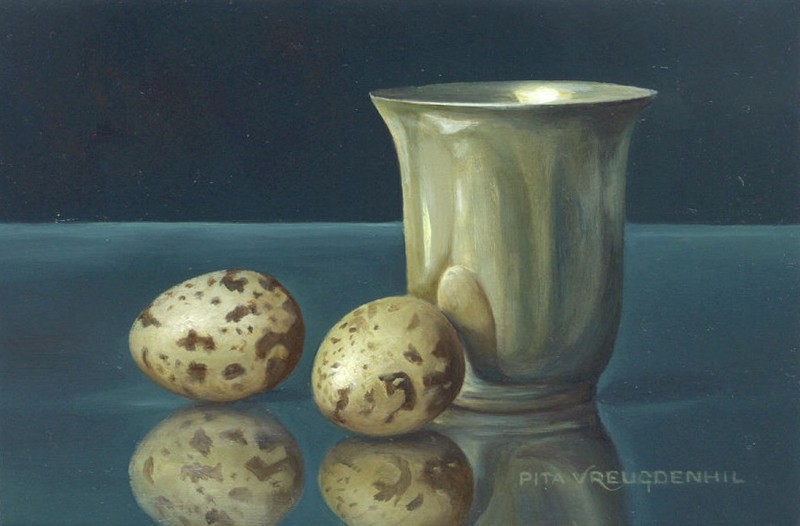 stilleven met kwarteleitjes en bekertje