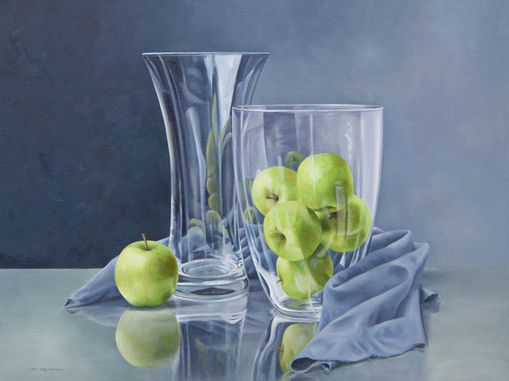 Stilleven met hedendaags glas en appels