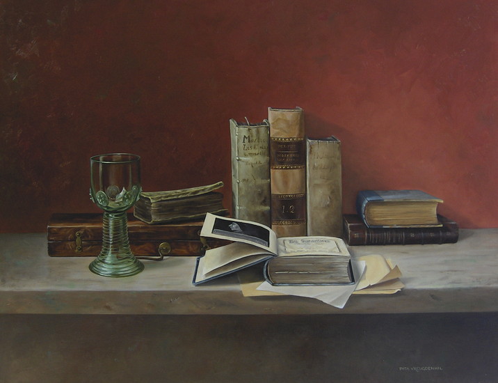 Stilleven met schilderskistje en boeken