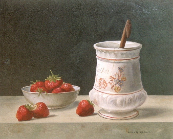 Stilleven met aardbeien en suikerpot