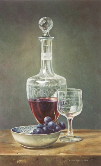 Stilleven met karaf met rode wijn